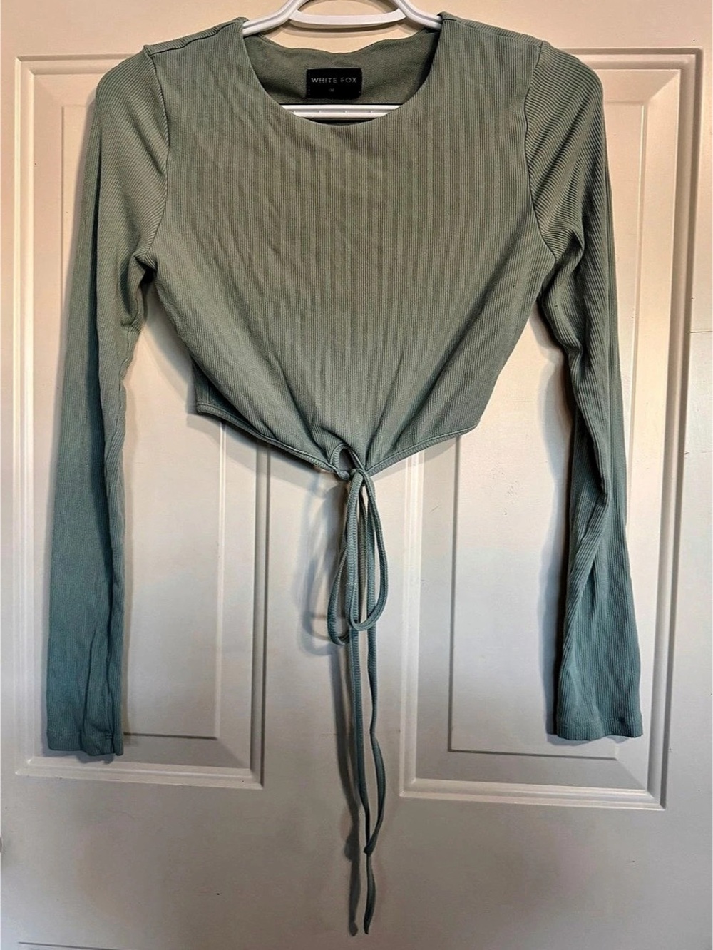 White Fox Boutique Sage Green Ribbed Tie Front Crop Top M